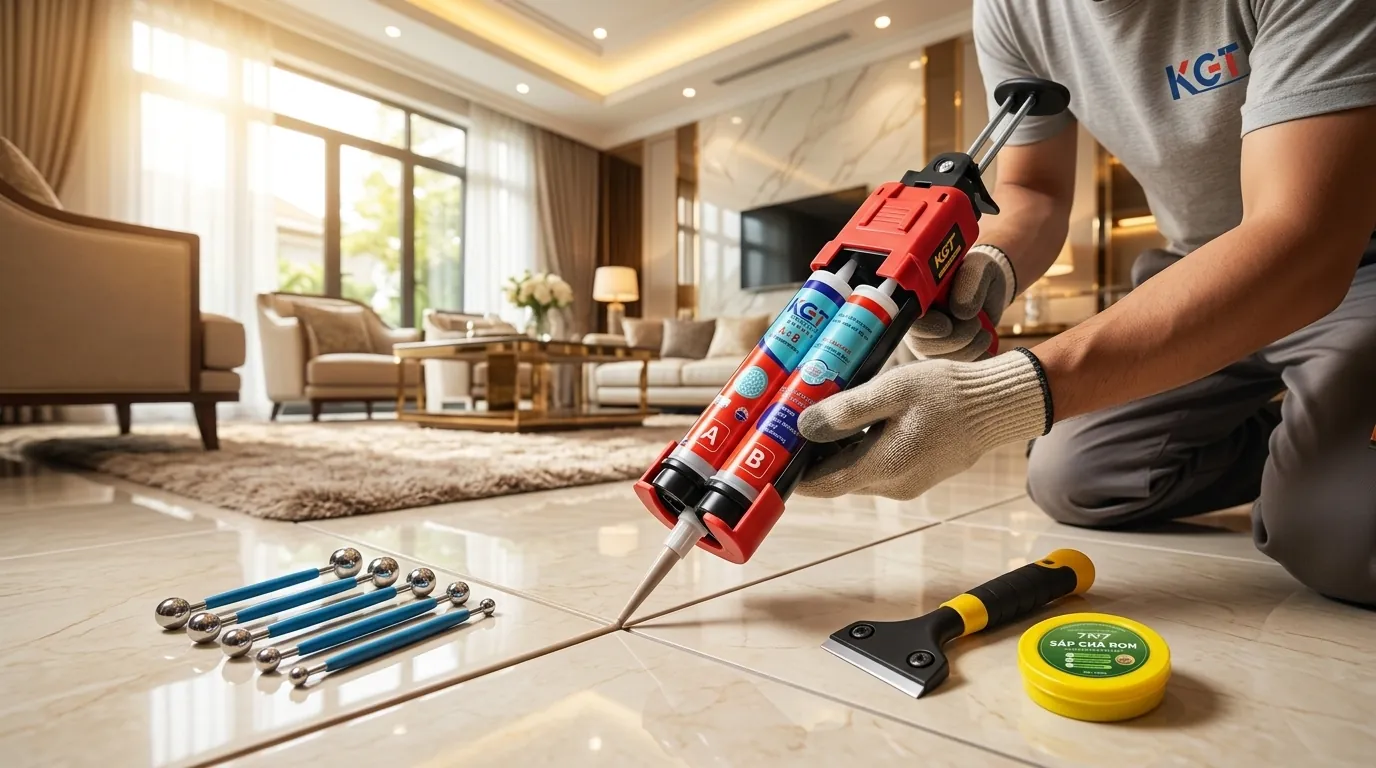 Dùng Súng Trợ Lực Và Bộ Dụng Cụ Chuyên Dụng Trong Khi Công Keo Chà Ron Epoxy
