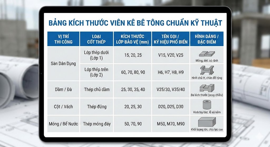 Bảng Kích Thước Viên Kê Bê Tông