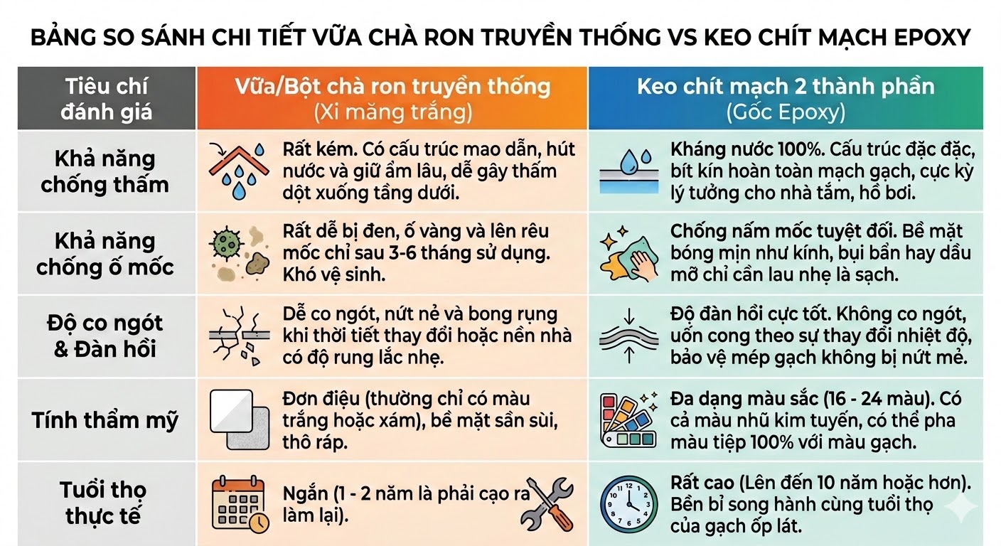 Bảng So Sánh Xi Măng Trắng Với Keo Chít Mạch 2 TP