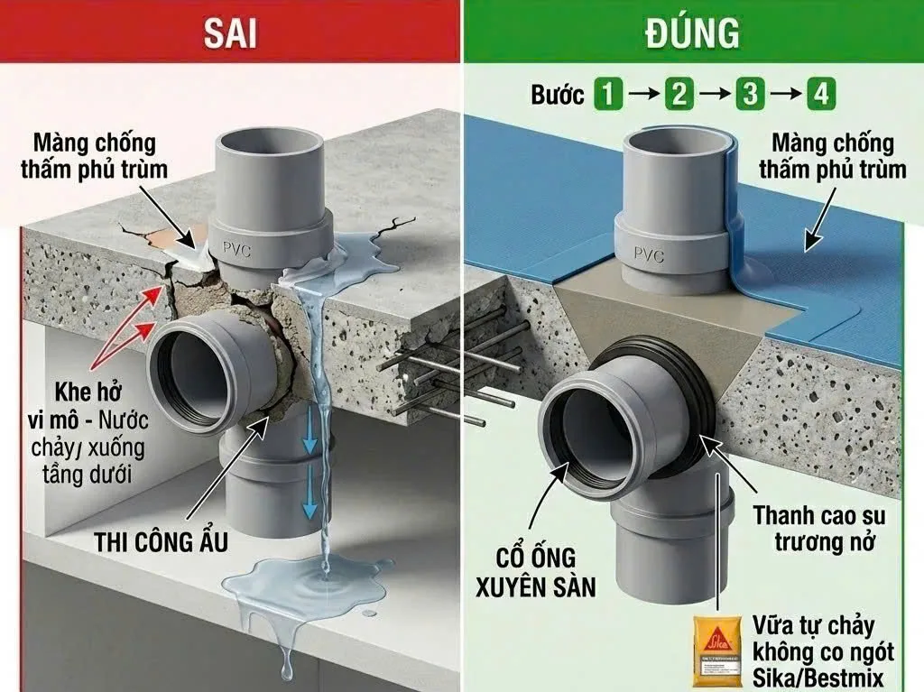 vị trí chống thấm - cổ ống xuyên sàn