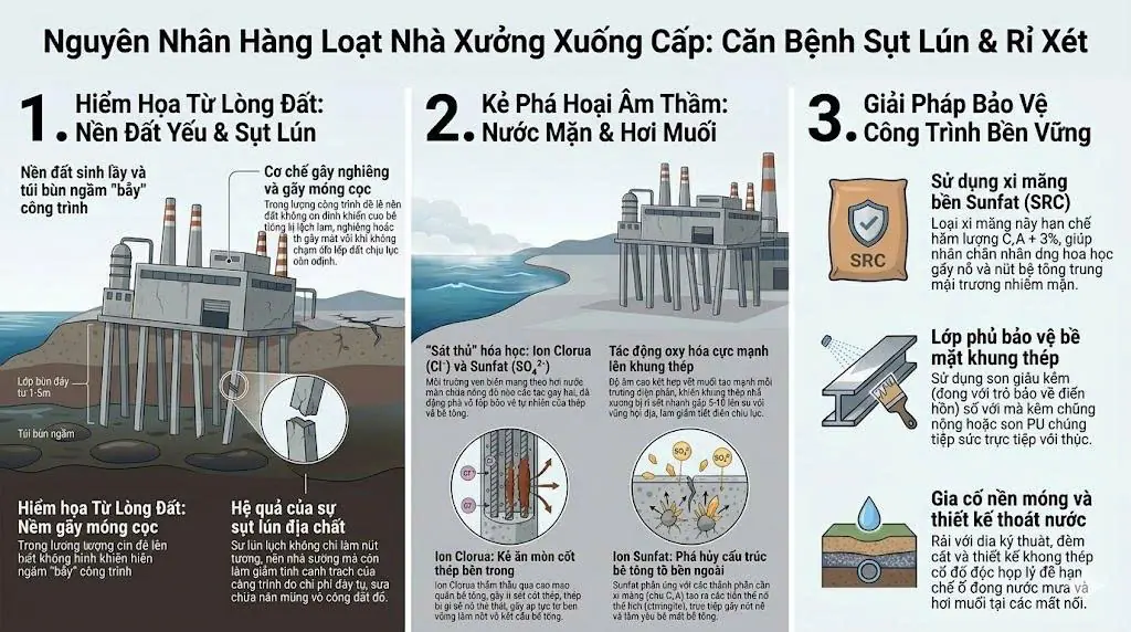 vật liệu xây dựng kcn - nguyên nhân rỉ sét, sụt lún