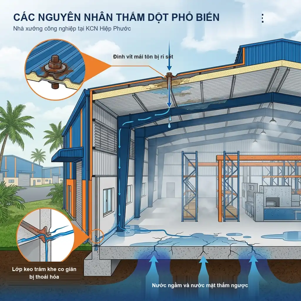 Các Nguyên Nhân Chống Thấm Nhà Xưởng Tại KCN Hiệp Phước