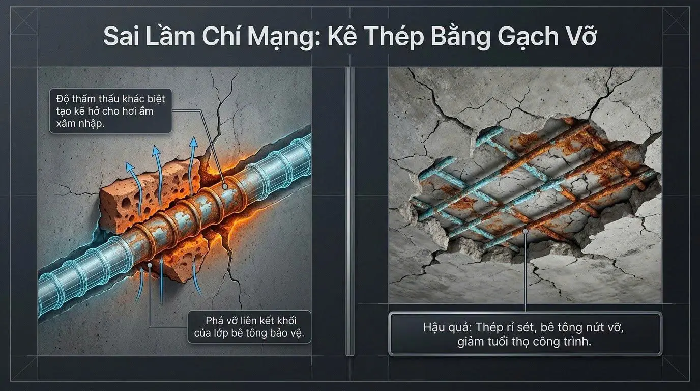 con kê bê tông bình chánh - hiểm hỏa khi dùng gạch vỡ kê thép