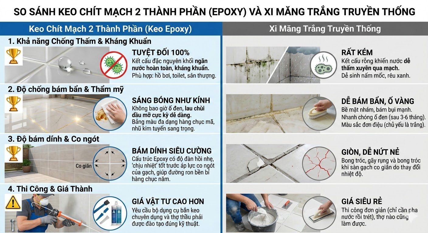 So Sánh Keo Chít Mạch 2 Thành Phần Với Xi Măng Trắng