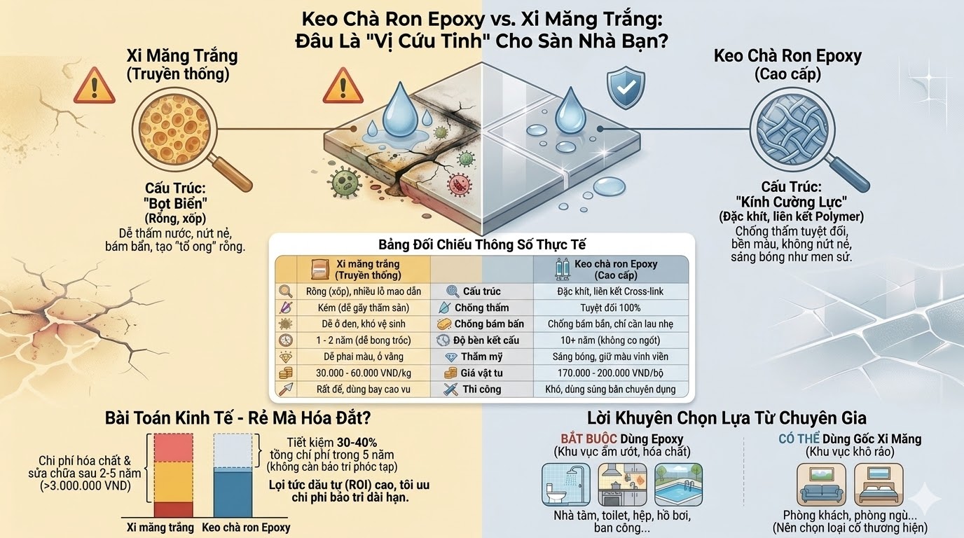 So Sánh Keo Chà Ron Epoxy với Xi Măng Trắng