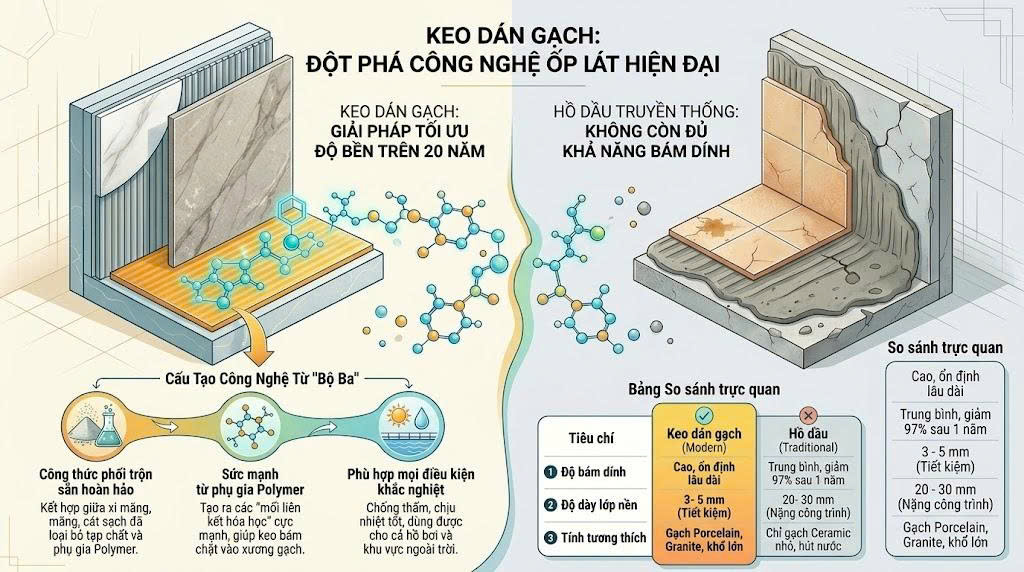 keo dán gạch lát nền so sánh với hồ dầu