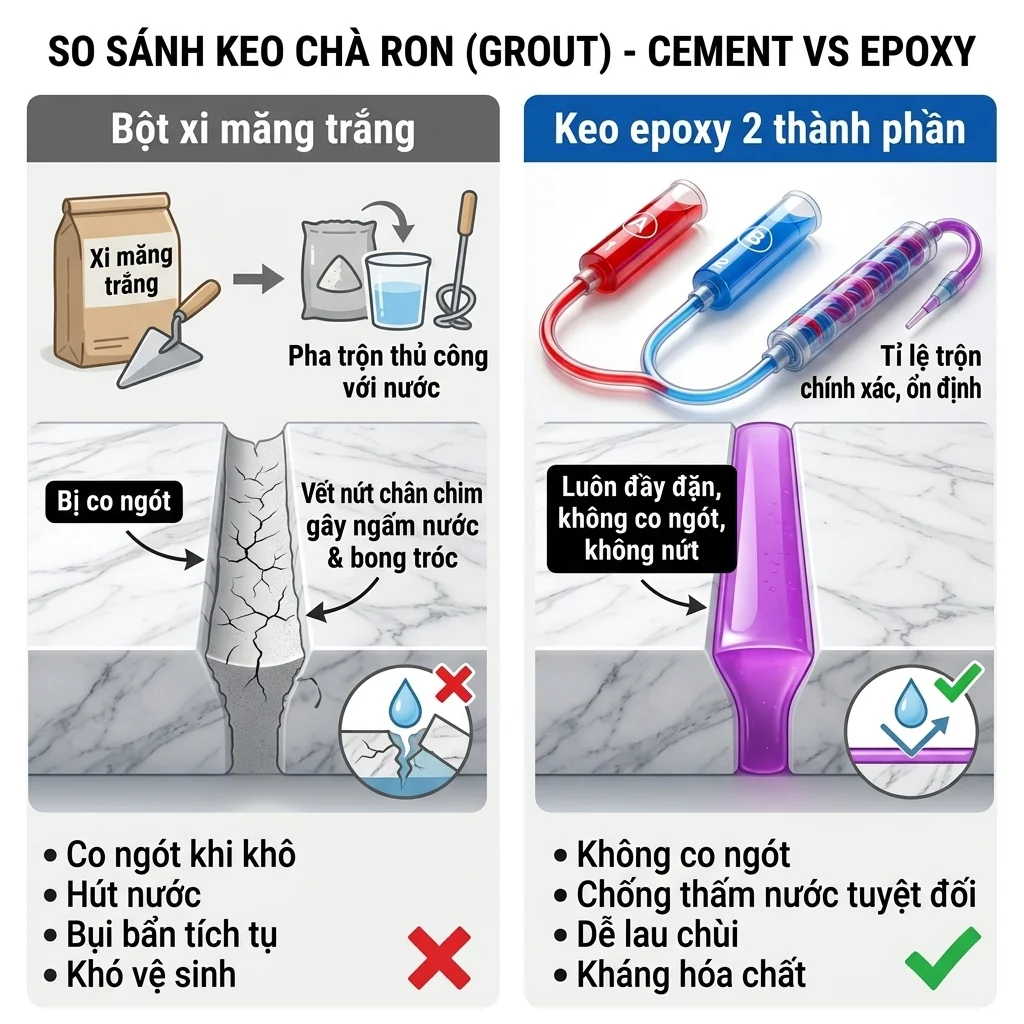so sánh keo chít mạch epoxy chống nấm mốc với xi măng trắng