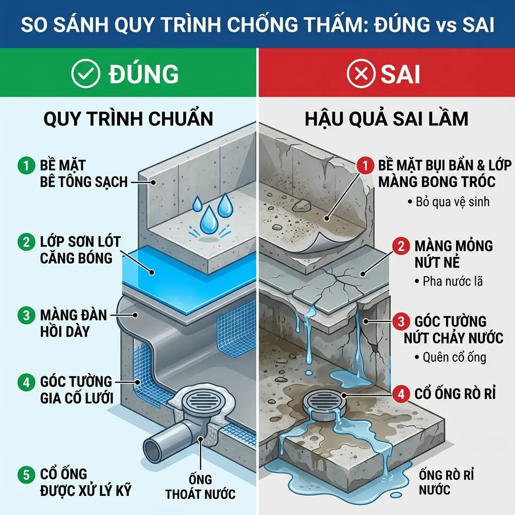 vật liệu chống thấm gritone - so sánh quy trình chống thấm