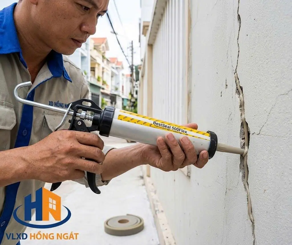 Thi Công Bắn Keo BestSeal 500 Flex Vào Khe Nứt